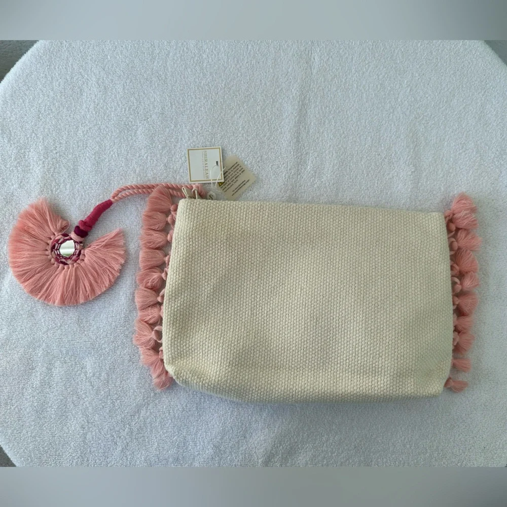 Shiraleah 12” x 8 “ Cosmetic Boho Zip Bag Cream & Pink Lined NWT - Picture 3 of 8